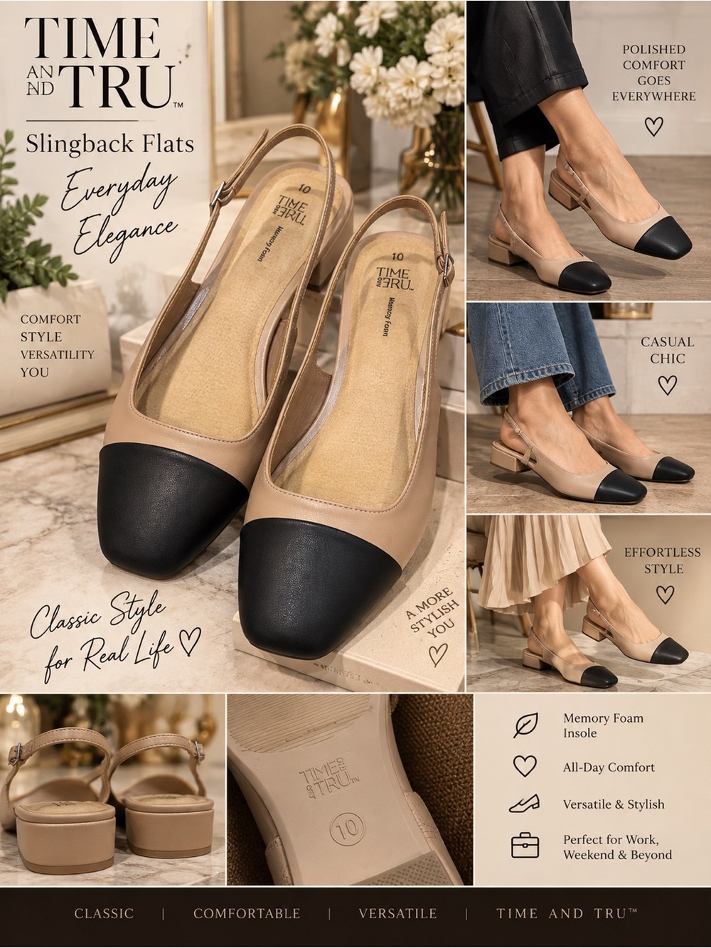 Time and Tru Slingback Flats Size 10 Black Taupe Cap Toe Low Heel